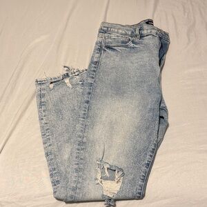 Express Light Blue Distressed Straight Leg Jeans